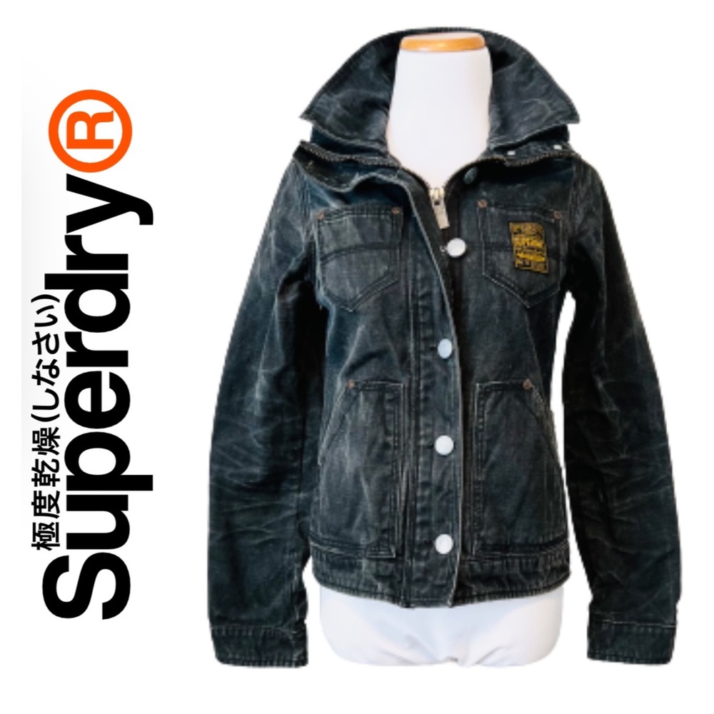 SUPERDRY Distressed Denim Jacket Black - Size Medium